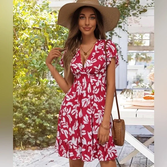 Torary Red & White Floral V-Neck Dress – Flutter Sleeve Summer Dress – M - Picture 3 of 5